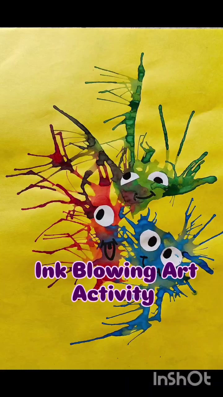 A fun art activity where children use straws to blow colors and create unique patterns 🌬️🎨This (1)
